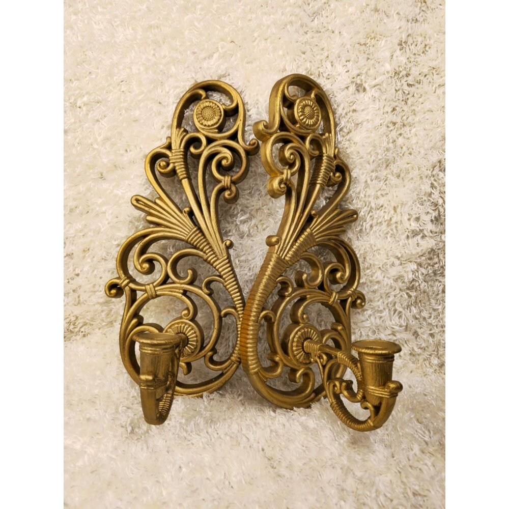 Vintage Home Interiors Ornate Gold Wall Sconces Candle Holders Set Of 2 Baroque